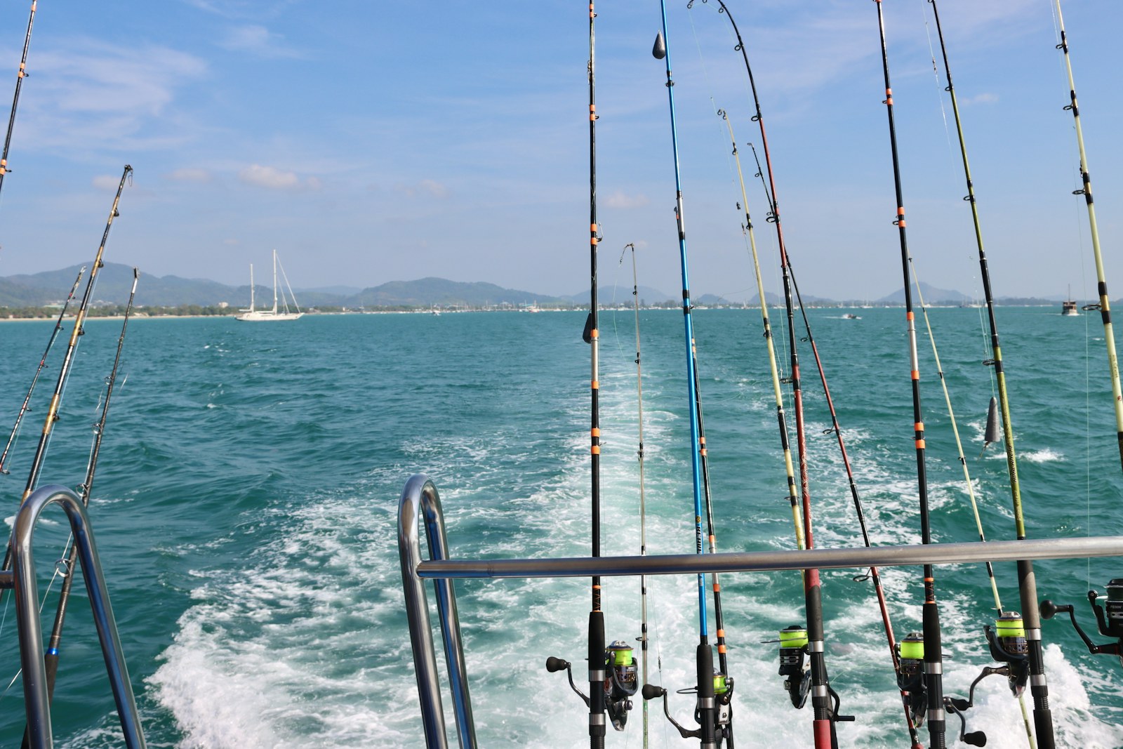 Offshore trolling rods rigged aboard a sport fishing boat